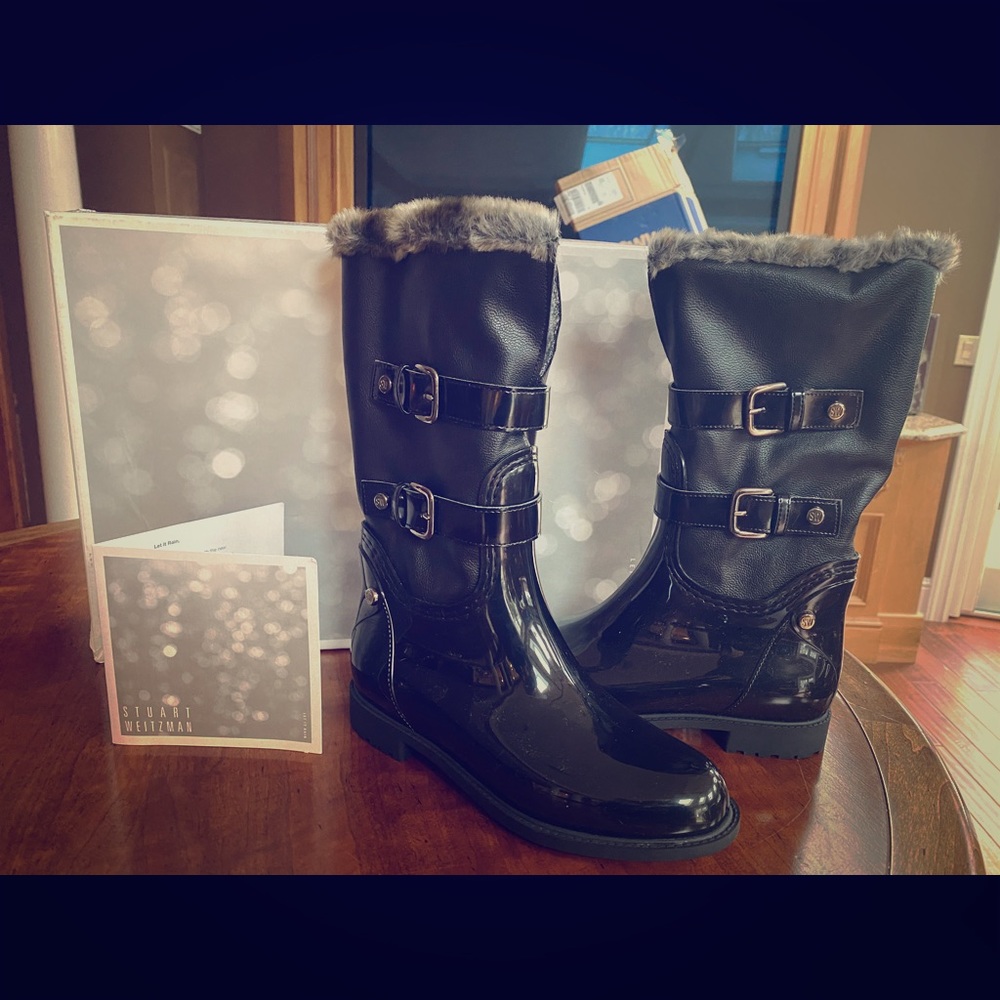 Stuart Weitzman, never warn, faux fur rain boots!